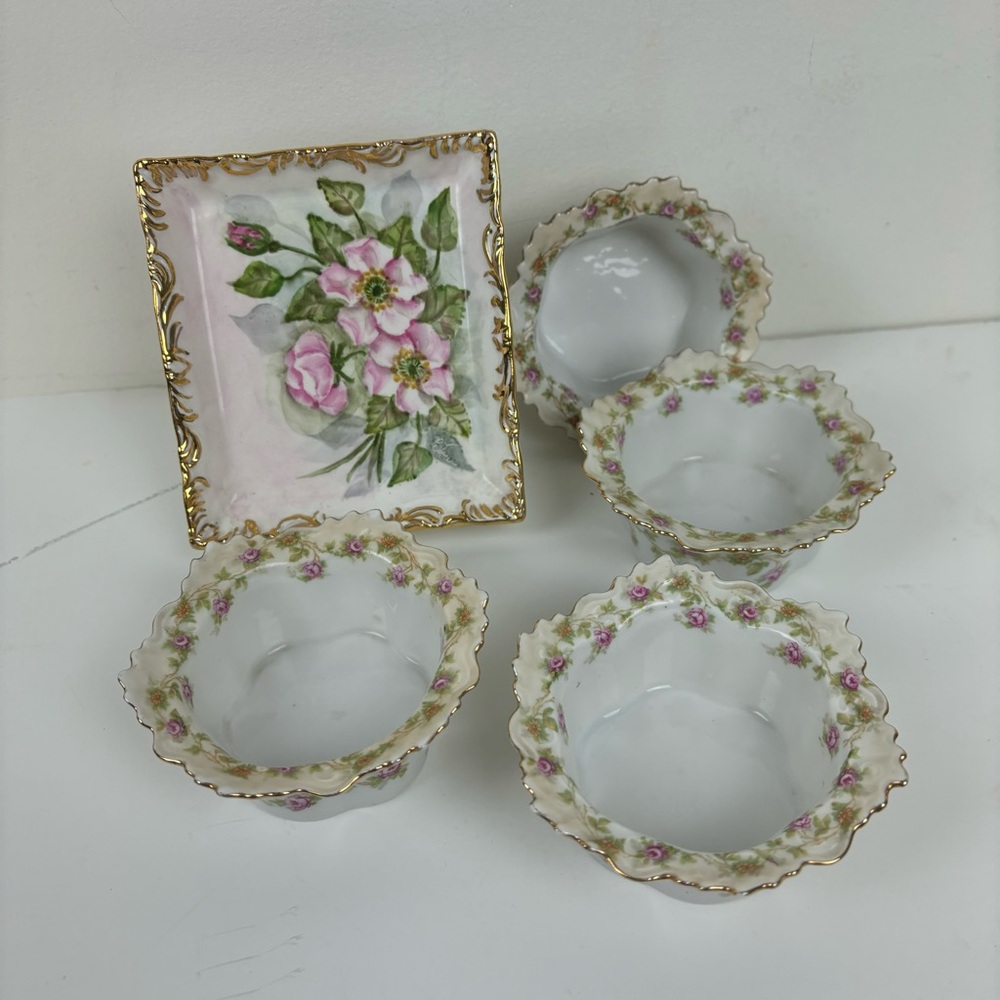 Vtg Cottagecore/Shabby Chic bundle-handpainted floral china vase & 4-pc bowls